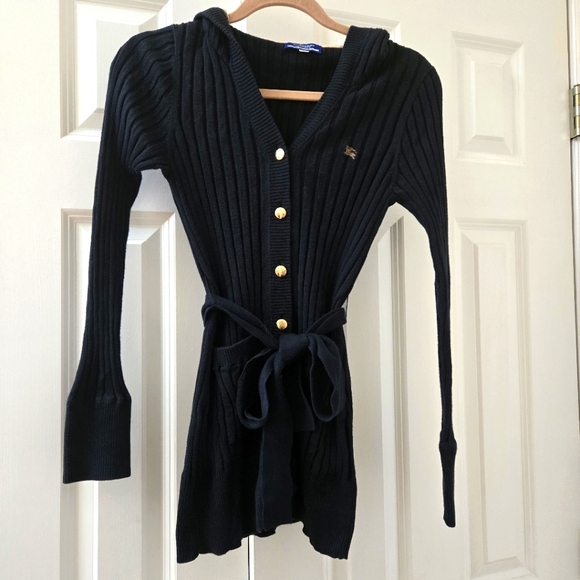 Burberry Cardigan 38 Nova Check Hooded Navy Blue Ribbed Button Sweater Tie Belt - Picture 1 of 11